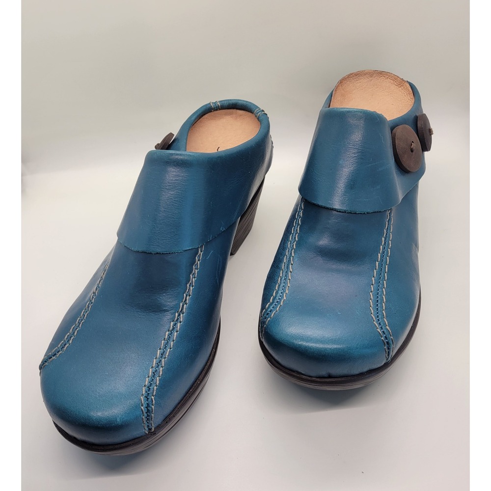 Sanita Teal Blue Leather Mule Clogs Women EU 37 US 6.5-7 Comfort Button 70s 90s - Picture 12 of 16